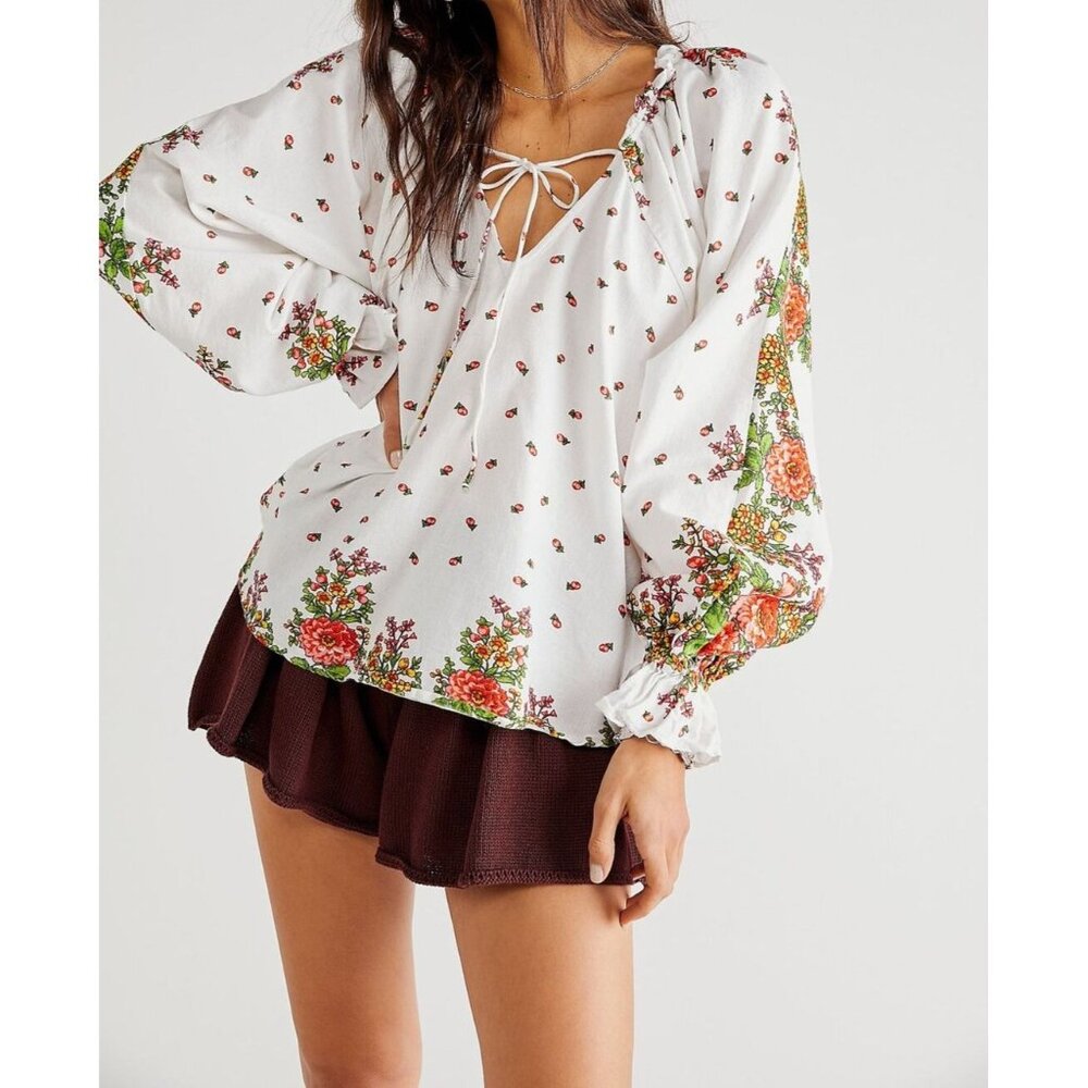 Free People Kinga Csilla Mama Blouse S White Floral V Neck LS Boho Gypsy NWT
